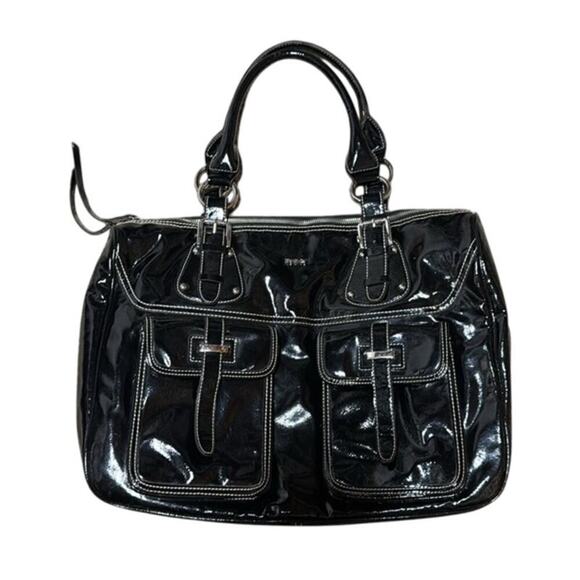 DNKY Handbags - DNKY Black Patent Leather Y2K 80s Dark Academia Goth Handbag Purse Travel Bag